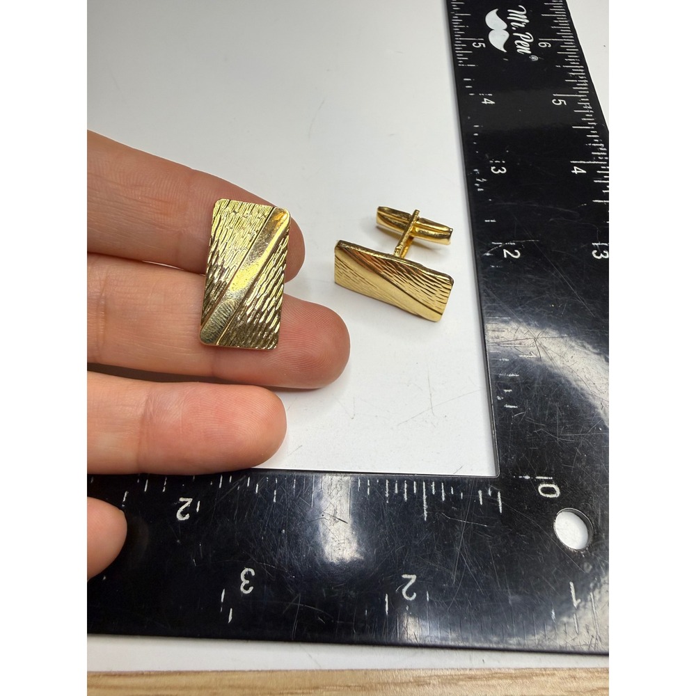 Gold Tone Rectangular Textured Bark Diagonal Stripe Toggle Back Cufflinks